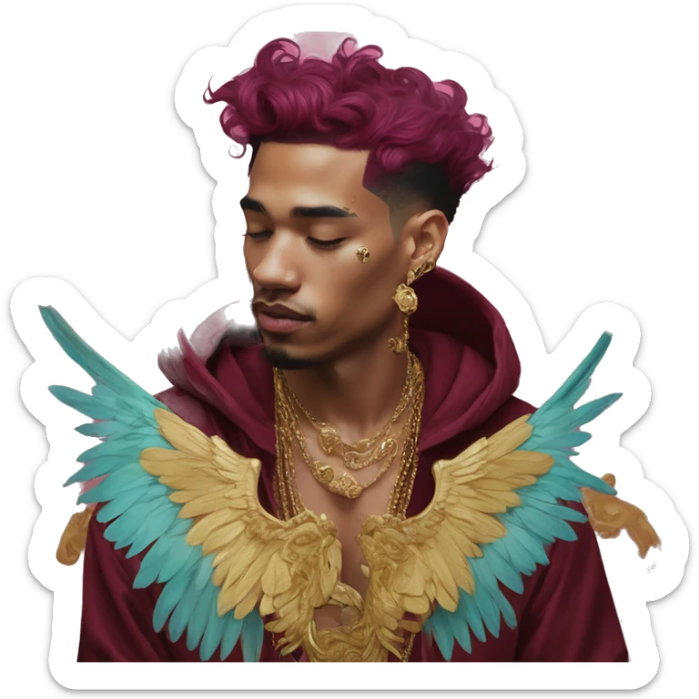 Vintage painting swirls gold jewellery baroque raven wings angel tropical Deep pink maroon burgundy cyan dark hoodie man vitiligo dyed hair gold piercings nose piercing ear piercings sticker