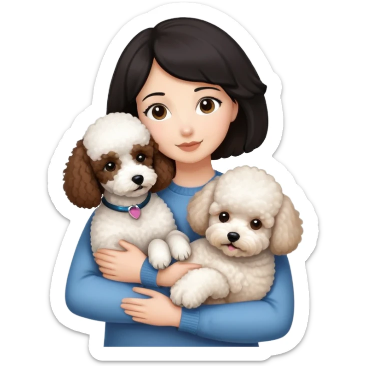 Woman with short black straight hair hugging a brown poodle and a white bichon frise sticker