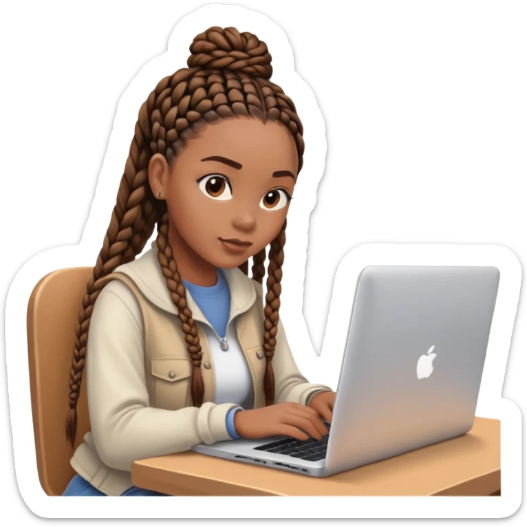  A Black woman with box braids sitting behind a laptop, typing or looking at the screen. sticker