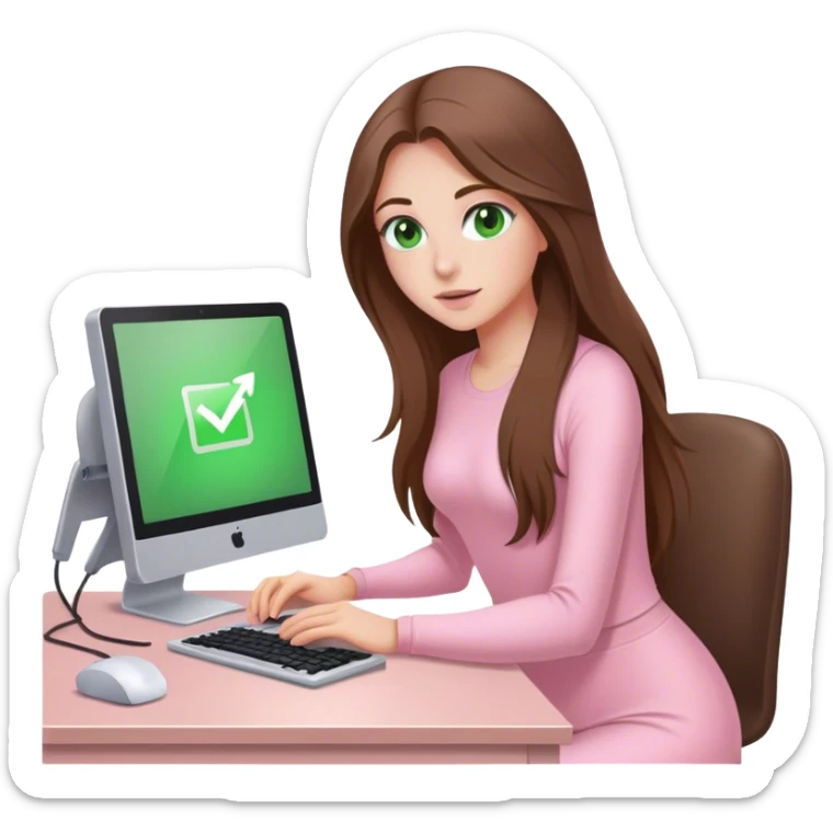 pretty woman with very long brown hair and green eyes and light pink outfit working on a computer sticker