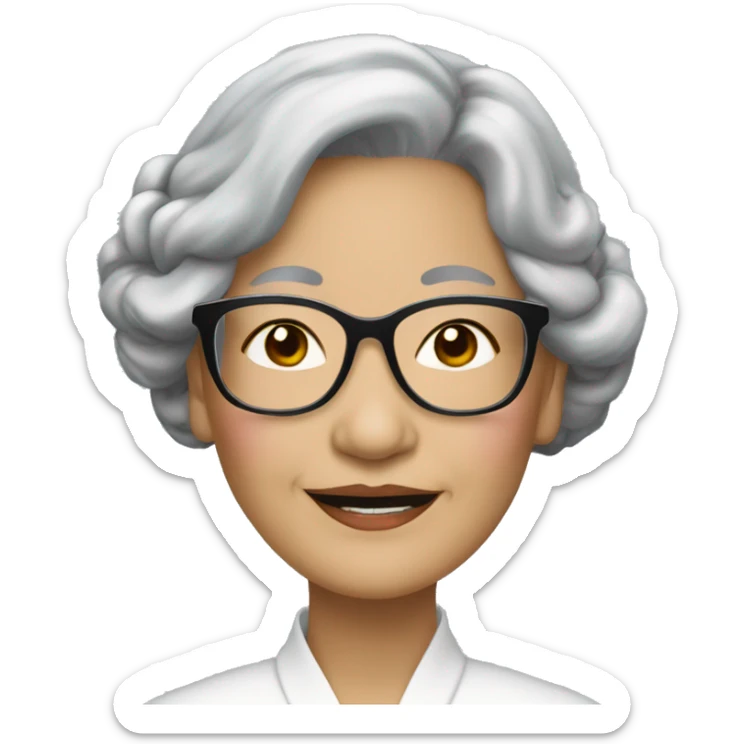 elegant old asian woman with long wavy black hair tied up, wears rimless spectables sticker