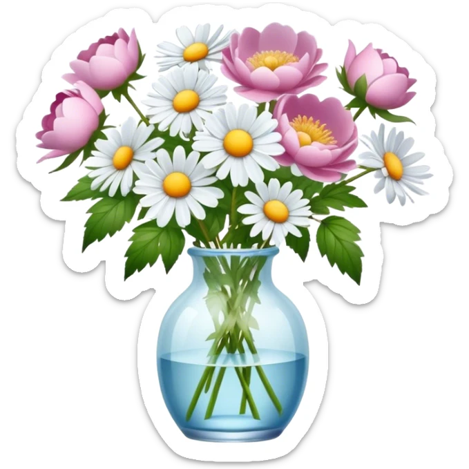 A bouquet of daisies of the color Wild Rose in a glass vase of the color Frosty Peony  sticker
