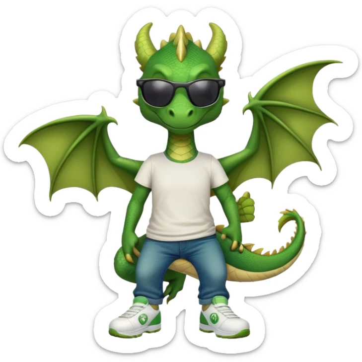 friendly anthropomorphised green dragon in a sports t-shirt and jeans wearing dark sunglasses sticker