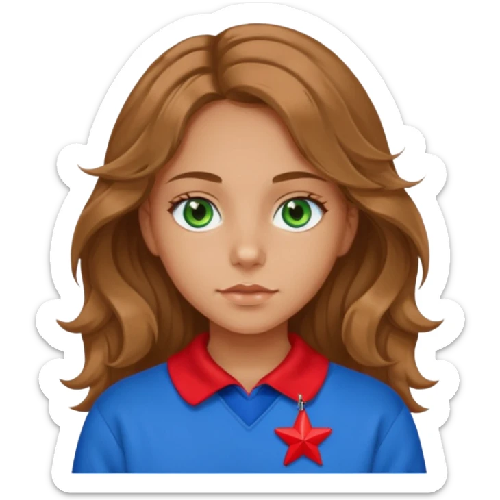 girl with bright green eyes, slightly tanned skin, long light brown wavy hair, wearing a blue sweatshirt with a red star and collar sticker