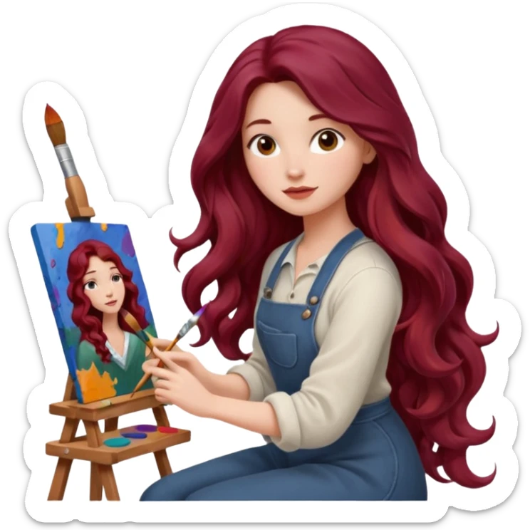 Realistic, female artist with long burgundy wavy hair, sitting at a canvas, with paint brushes, side view, still life, 3D rending  sticker