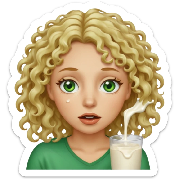 Woman with green eyes and dirt blonde curly hair with milk dripping from mouth and face  sticker