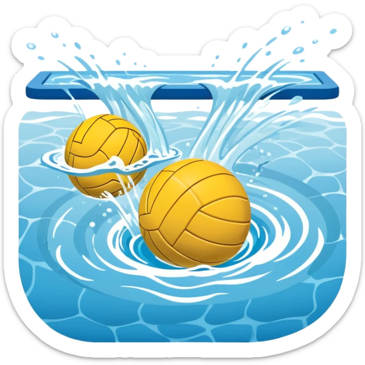 An icon featuring a yellow water polo ball floating on the water with goals in the background, inside a swimming pool. The design includes splashes and ripples, symbolizing the fast-paced action and strategy of water polo. Transparent background highlights. sticker