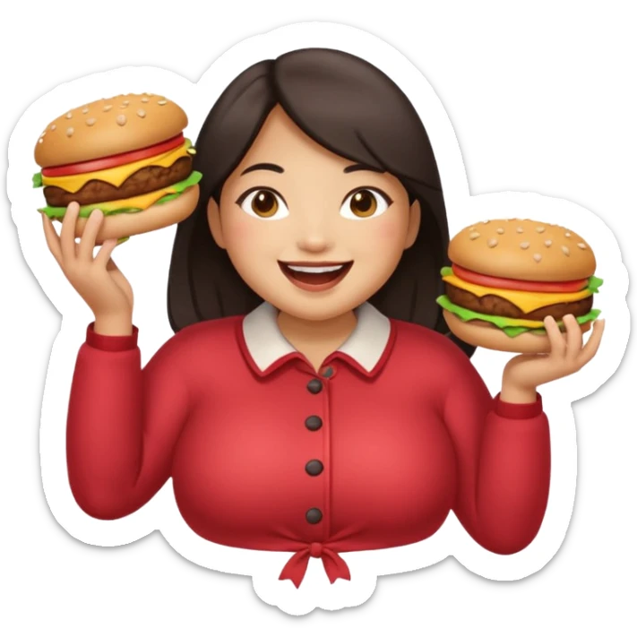 n create a humongous asian girl with 2 burgers and a cookie in her mouth, she is super fat, please make her a full body emoji sticker