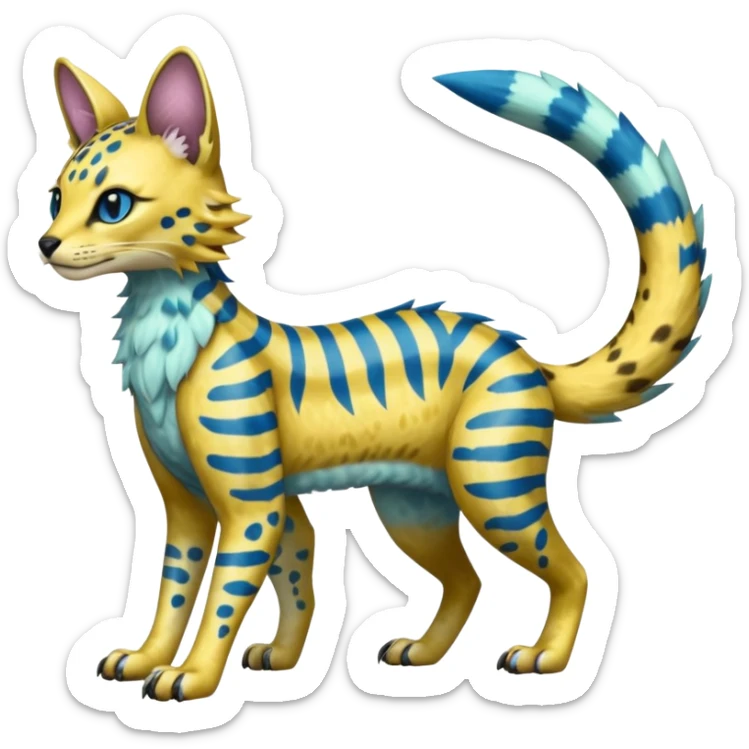 Colorful Exotic Golden Gold Shiny Lombax-Sergal-Vernid-Trico-Serval-Civet-Genet-Pokémon-Digimon-Fakémon-fusion-hybrid-creature with Cyan stripes and blue leopard-spot-markings  sticker