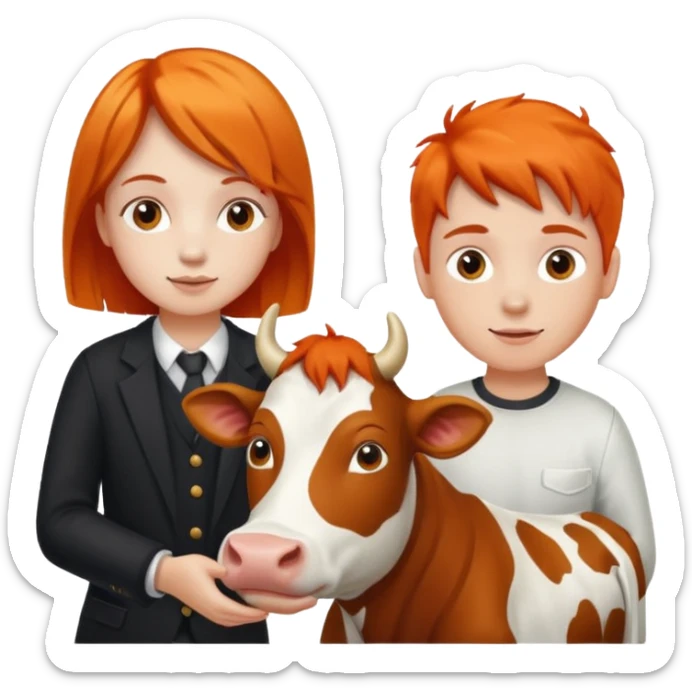 A boy and a girl with orange hair petting a cow sticker