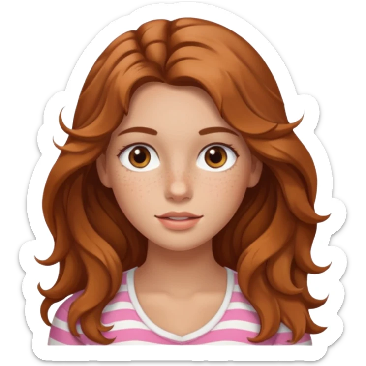 A girl with slightly tan skin but white, with freckles, brown long hair with no bags just face framing, beach waves hairstyle, brown eyes, light blush and normal size lips  sticker