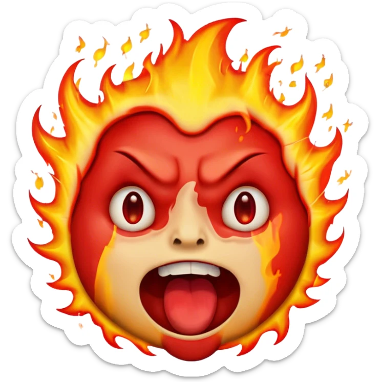 "A highly expressive emoji-style face with wide, bloodshot eyes and an open mouth, breathing a large burst of fire. The emoji has an exaggerated, cartoonish look with bright yellow and orange tones. The fire is detailed with red, orange, and yellow flames, creating a dramatic effect sticker