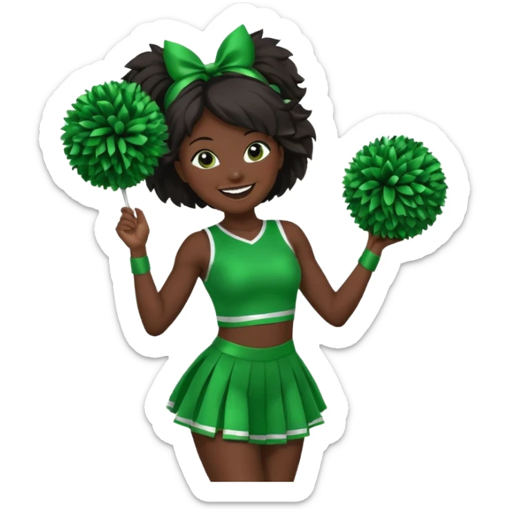 football cheerleader, holding a cheering pom, green dress and black skin sticker