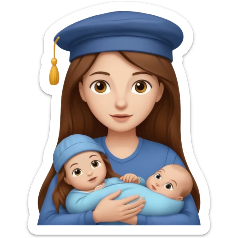"Woman with long brown hair and fair skin holding a baby with a cap and fair skin." sticker