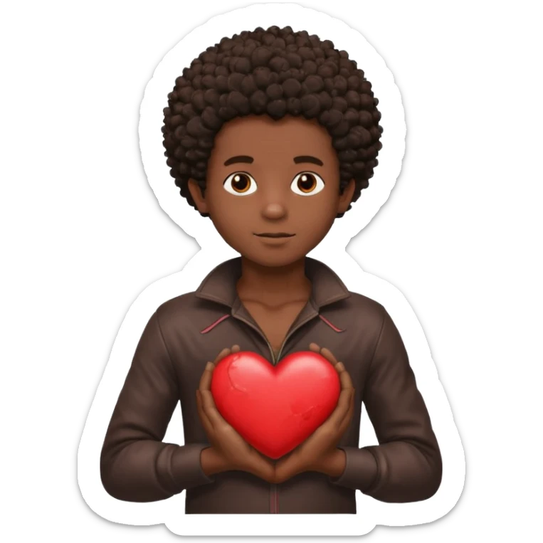 I want a black boy with chocolate skin and a small messy afro holding a heart close to his chest as if to present it to someone he loves. sticker