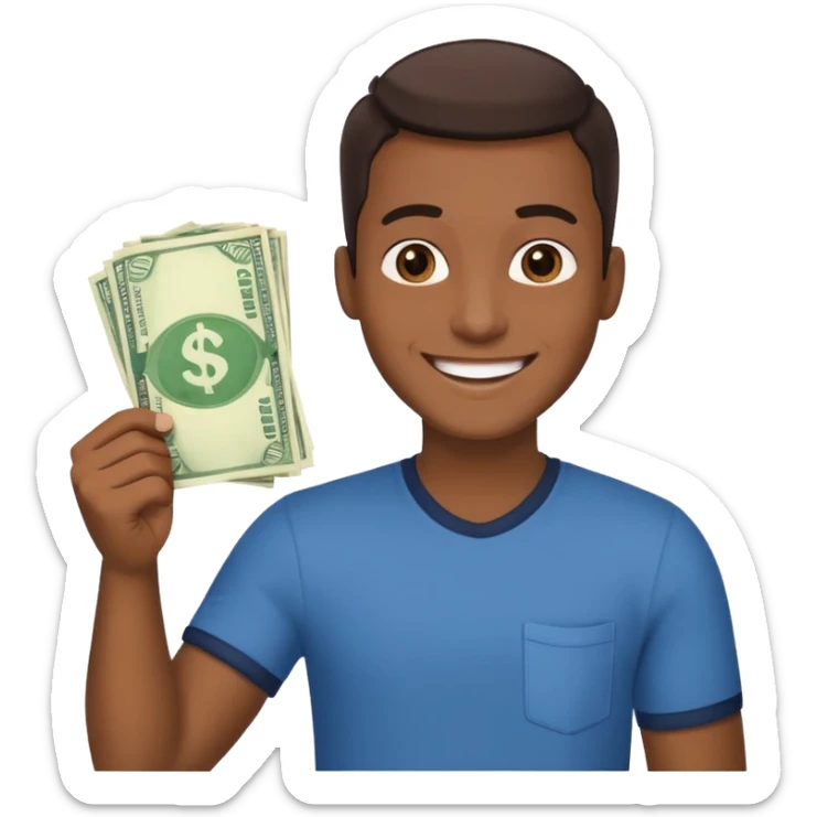 Create a photorealistic emoji of a happy man holding money. 4 different options sticker