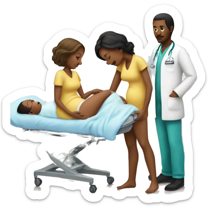 a woman gives birth and doctors stand nearby sticker