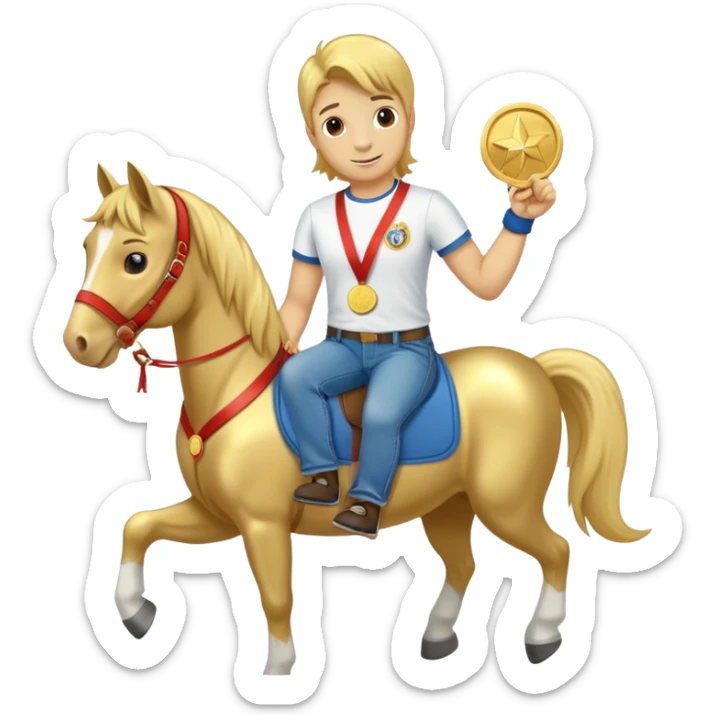 friendly anthropomorphised horse in jeans and a t-shirt, wearing a gold medal sticker