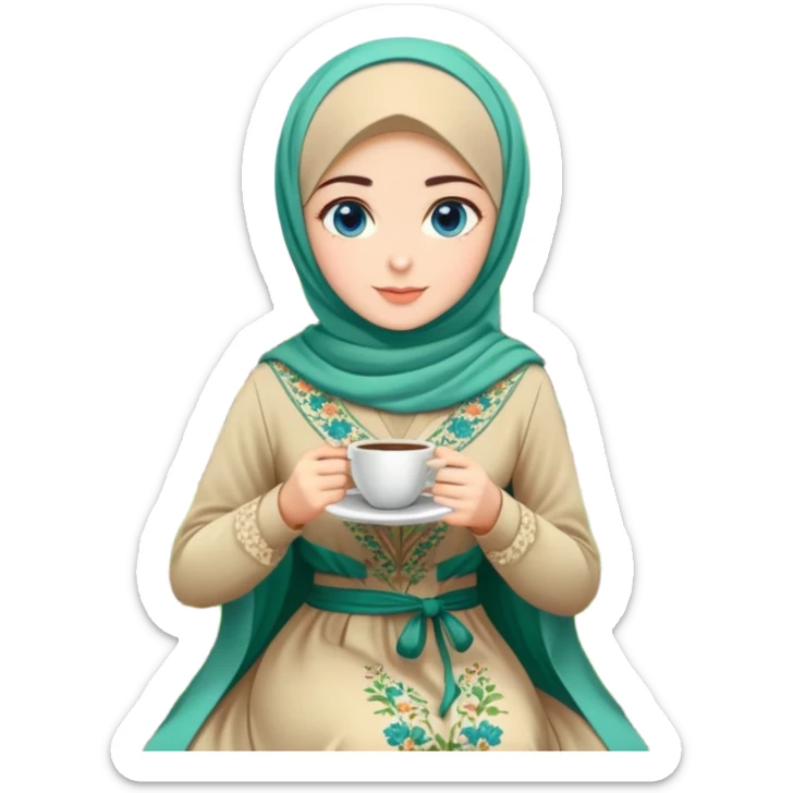 Turkish beautiful finish Konya girls blue eyes with Beautiful beige green floral hijab long tail dress and this two friends sit in a lovely garden on the chair on the ground and holds cup coffe with her hand  sticker