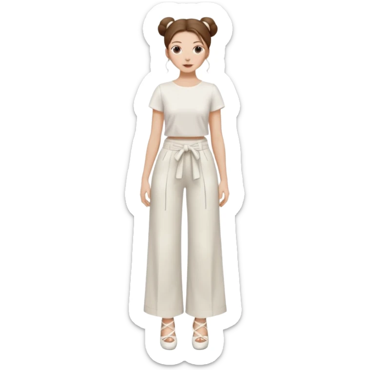 Chica blanca, traje pantalón blanco ancho, muy largo zapatos blancos tacon pelo recogido con mondongos mechones sueltos castaño ycuerpo entero sticker