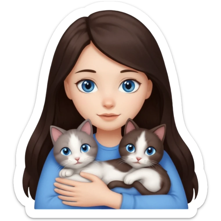 a pretty girl with long dark 
brown hair, with blue eyes, hugs 3 different natural coloured small cats sticker