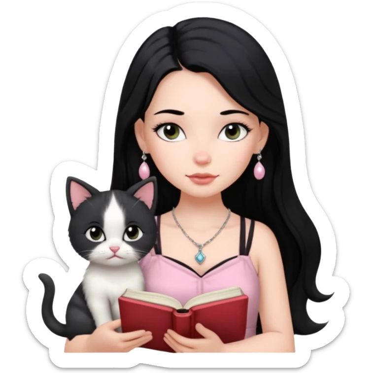 Menina branca ,cabelos pretos longos, olhos pretos puxados para cima. Cílios longos, lábios grossos ,nariz pequeno ,vestido rosa claro de alça. Colar e brinco bem pequeno. Lendo um livro com gatinho preto e branco. sticker