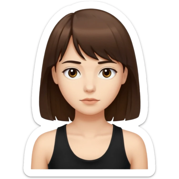 Crie um emoji que tenha o cabelo castanho médio, de cumprimento no peito, que tenha uma franja no tamanho da sobrancelha, com os olhos escuros e que use uma regata preta sticker