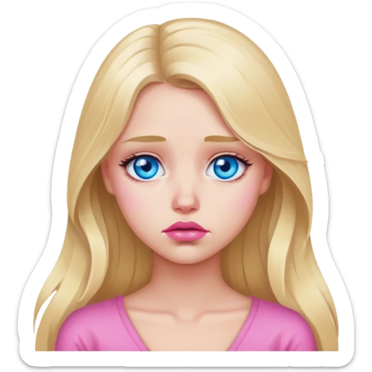 A beautiful blonde girl with long hair, blue eyes, pink lips is sad sticker