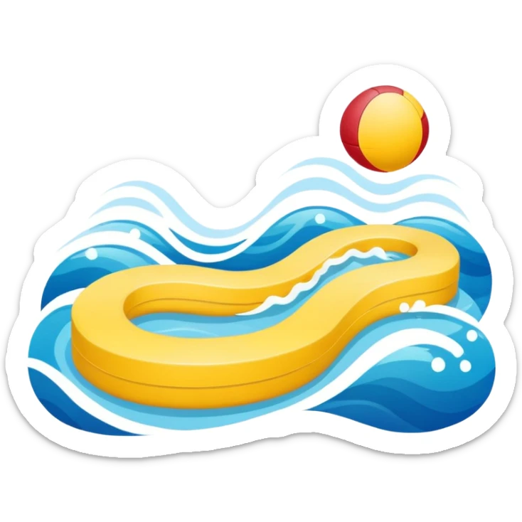 A swimming pool symbol with waves, representing broad sports variety (swimming, gym, classes). Rounded shapes, flat bright colors. sticker