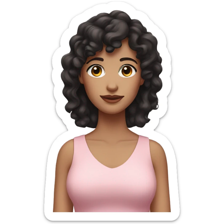 White woman with long black curly hair and bangs and dark brown eyes, wearing a pastel pink dress sticker