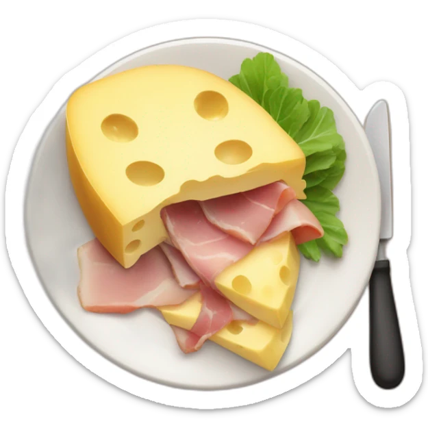 A big Melting raclette cheese in a plate with a little piece of ham and 4 potatoes  sticker