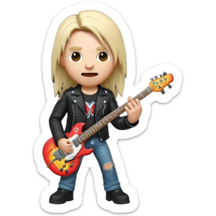 3D Apple-style emoji of a metal musician holding an electric guitar with a bold "ROCK" sign above. Long hair, black leather jacket, ripped jeans, intense expression. Rounded, glossy, smooth, soft shadows, white background.











 sticker