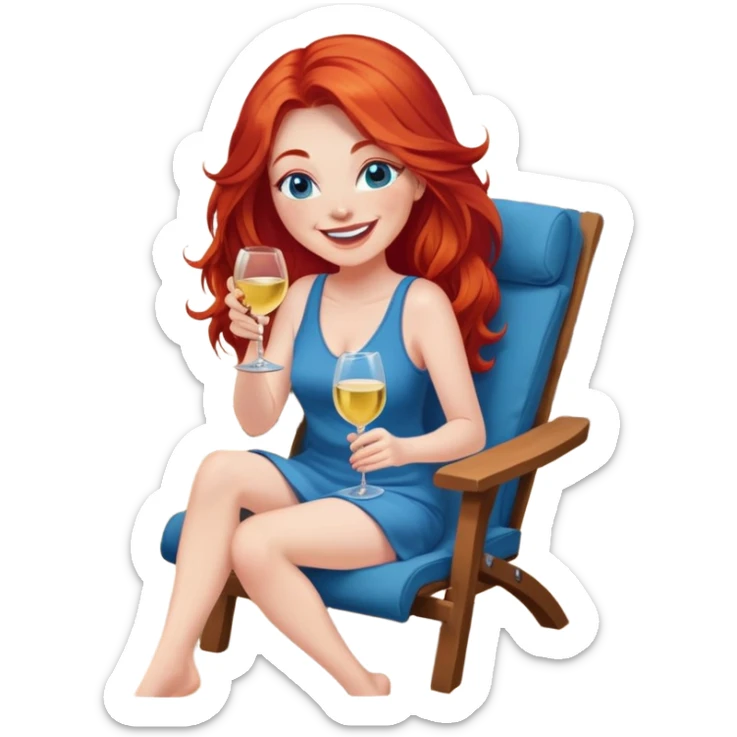 Laughing woman with long red hair and blue eyes holding white wine sitting in chair with feet up beside fire pit sticker