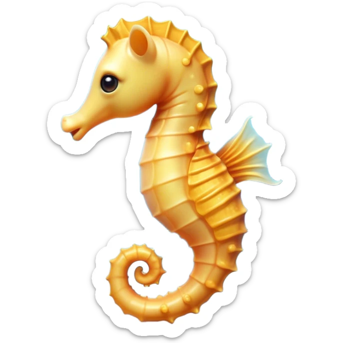 Cinematic Cute Sea Horse Portrait Emoji, Head tilted playfully and inquisitively, featuring a charming, slender form with a delicately curved body and a whimsical, curled tail, accented by round, sparkling eyes full of gentle wonder, Simplified yet irresistibly adorable features, highly detailed, glowing with a warm, inviting aquatic glow, high shine, affectionate and lively, stylized with a touch of enchanting marine charm, soft glowing outline, capturing the essence of a mischievous yet loving sea horse that seems as if it could float out of the screen into your arms! sticker