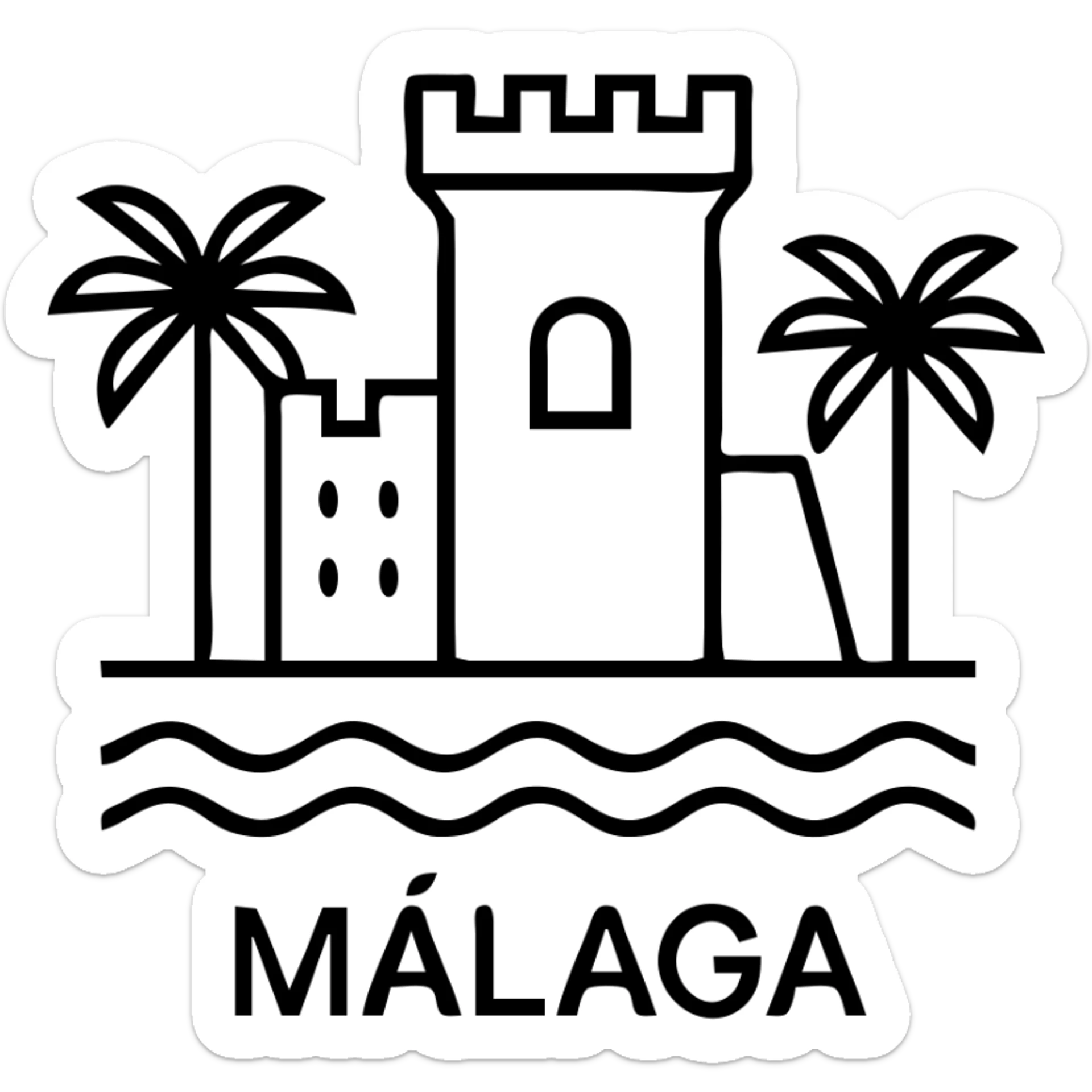 icon of Málaga featuring the Alcazaba fortress, palm trees, and the Mediterranean Sea, clean modern icon style, simple lines, minimal color palette sticker
