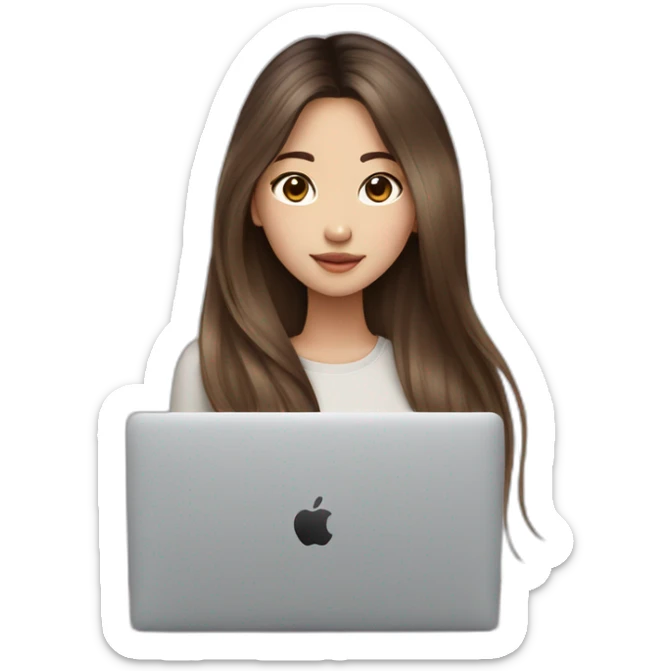 brown balayage straight long Hair korean girl with macbook sticker