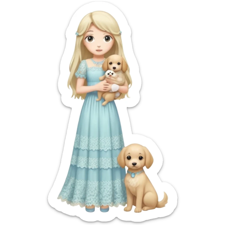 Pastel anime lady long hair with long lace dress full body holding puppy sticker