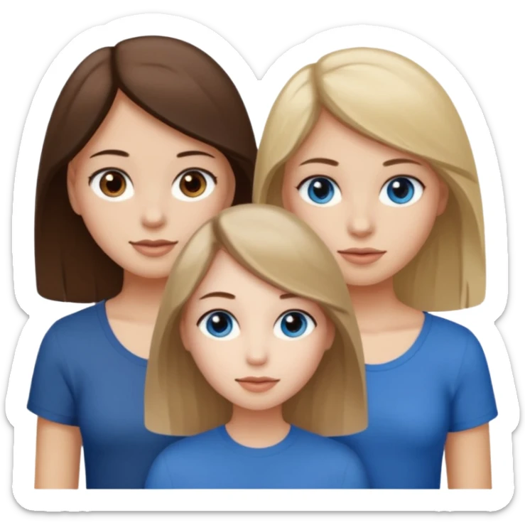 three people who are friends and the features are as follows: one girl who is white, has brown hair and brown eyes; one girl who is dirty blonde with blue eyes; one girl who is tan with dark brown hair and dark brown eyes sticker