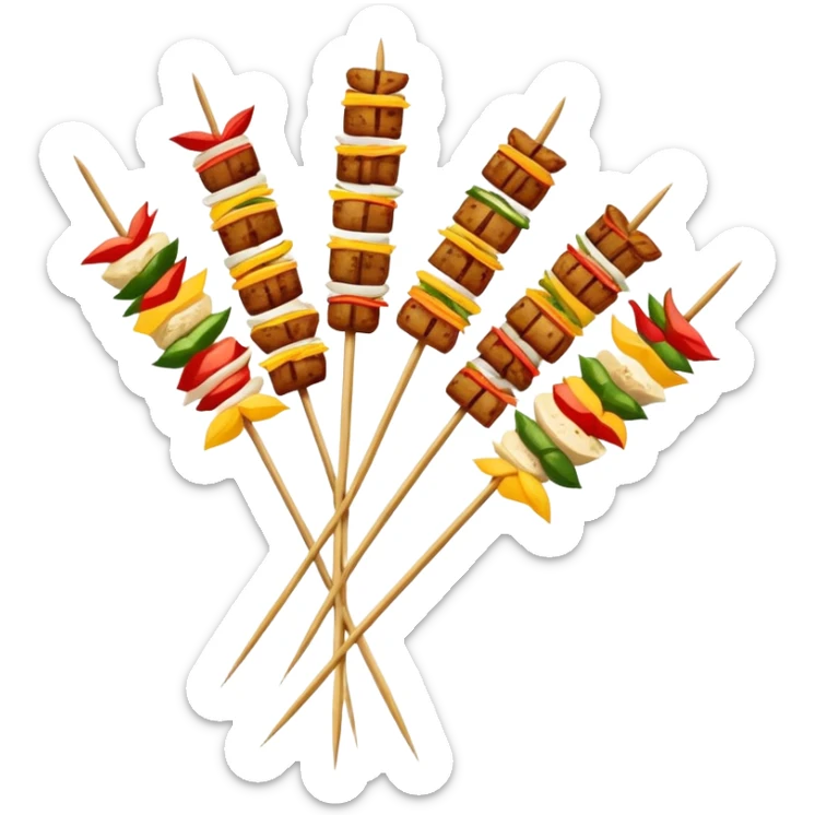 Sichuan Skewers Chuan Chuan Xiang with various foods on bamboo sticks, simplified emoji style with bold outlines and bright colors, cartoon style spicy street food sticker