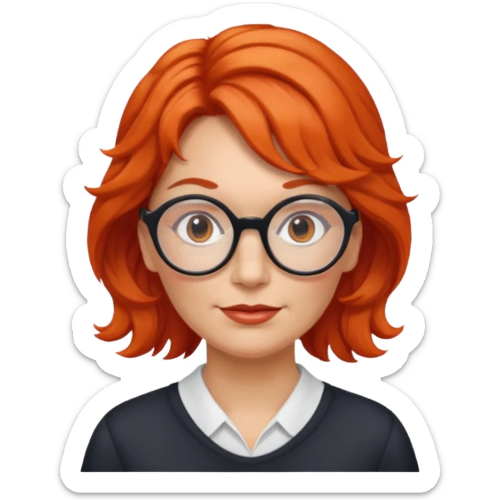middle-aged Norwegian woman with red-orange wavy hair tied to the left, wearing large round glasses sticker