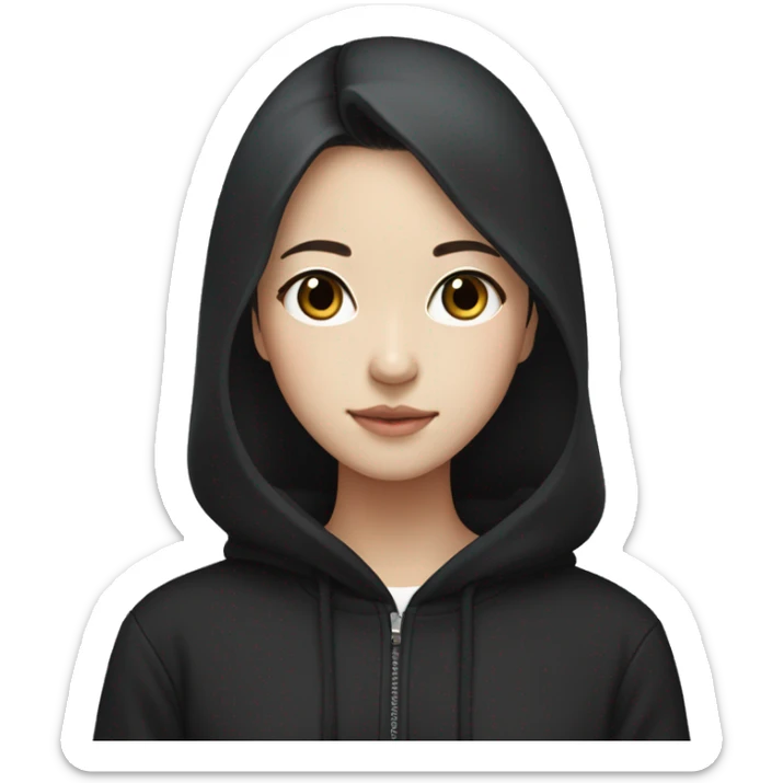 A korean girl with black hoodie (not wearing hood), black hair with between medium and long length, tall, skinny, has pretty face sticker