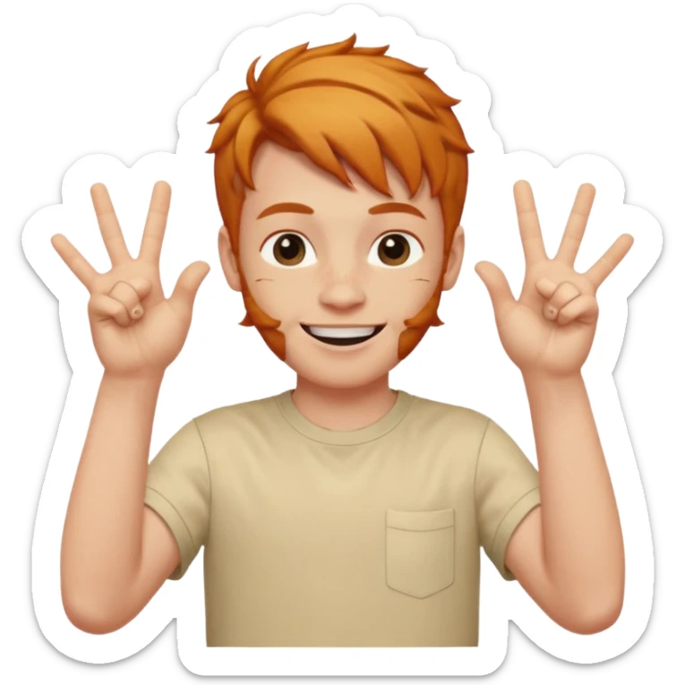 Very happy ginger boy with eyebrow length hair holding up both hands with Shaka hand signs sticker