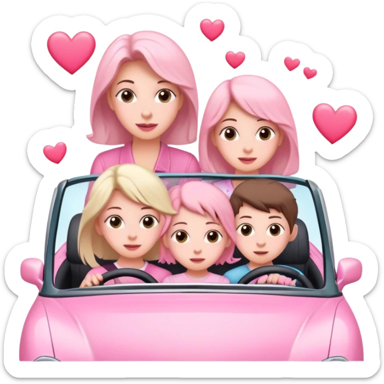 one mom, two daughters, and one son driving in pink convertible with hearts blowing behind sticker