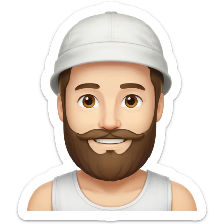 Alex Hormozi, white man with mid-long hair wearing a cap, big beard, smiling, white tank top sticker