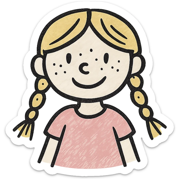 blonde girl, braided hair, freckled face, pink dress, hand drawn style sticker