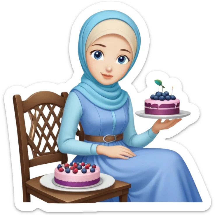 Turkish beautiful finish Konya girl blue eyes with pastel hijab long tail dress and sits on the chair and holds blueberry cake with her hand  sticker
