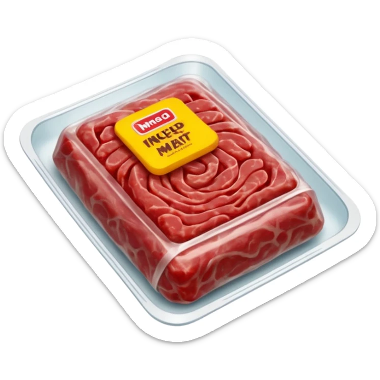 A 3D cartoon pack of minced meat wrapped in transparent plastic, supermarket-style packaging, top angleMemoji-style. sticker