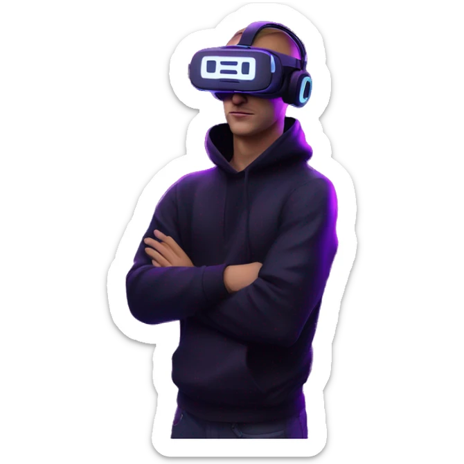 Russian man wearing a black hoodie with "OMG" letters on it and VR headset in a cyberpunk VR environment with violet neon lighting. sticker
