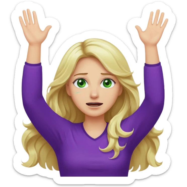 lady with long wavy blonde hair, purple top, green eyes, throwing her hands in the air crying sticker