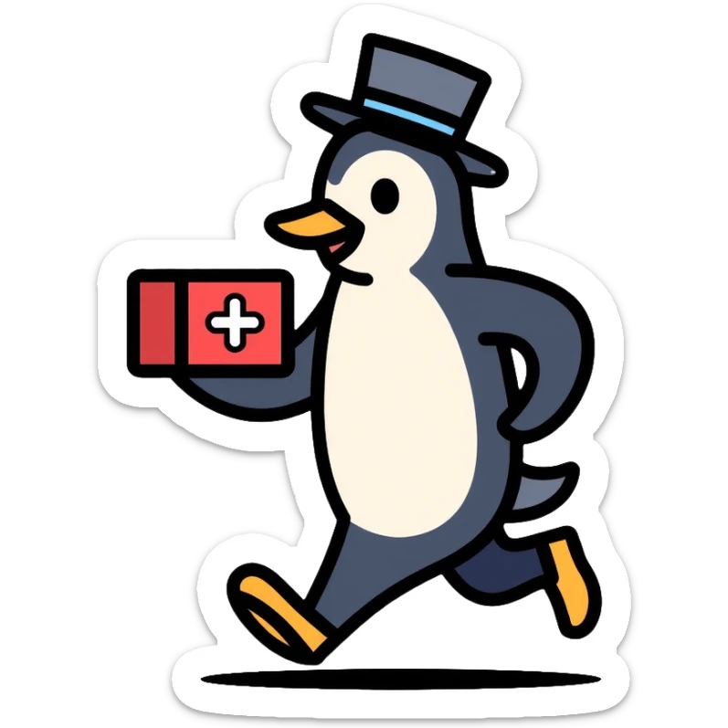 Side view of a penguin doctor running, wearing a top hat, holding a medical box with a red cross sticker